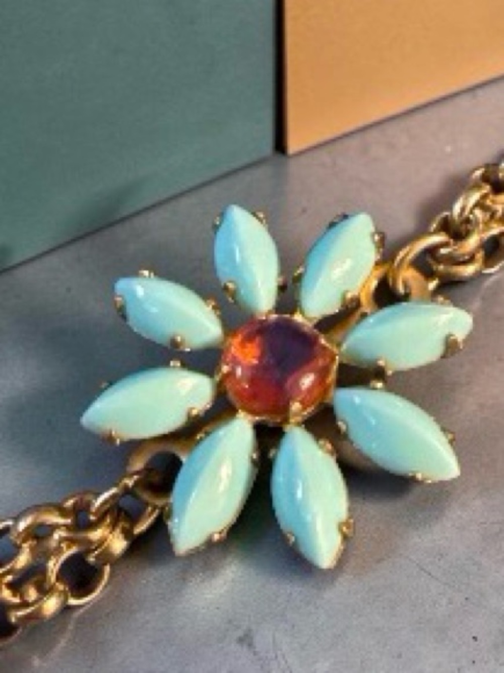 Vintage-Style Gold Tone Dragon’s Breath Flower Bracelet – Aqua Howlite 6.5”